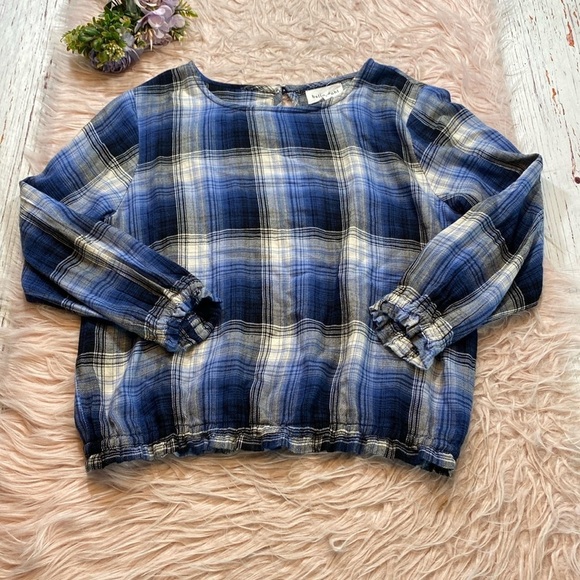 Bella Dahl Tops - Bella Dahl Blue Plaid Shirred Elastic Waistband Top sz S